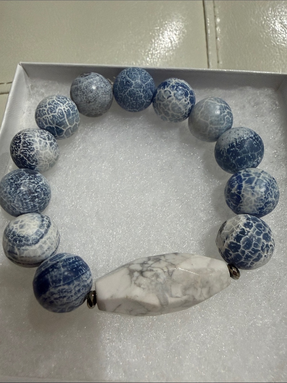 Frosted Agate Blue and White Beaded Stretch Bracelet